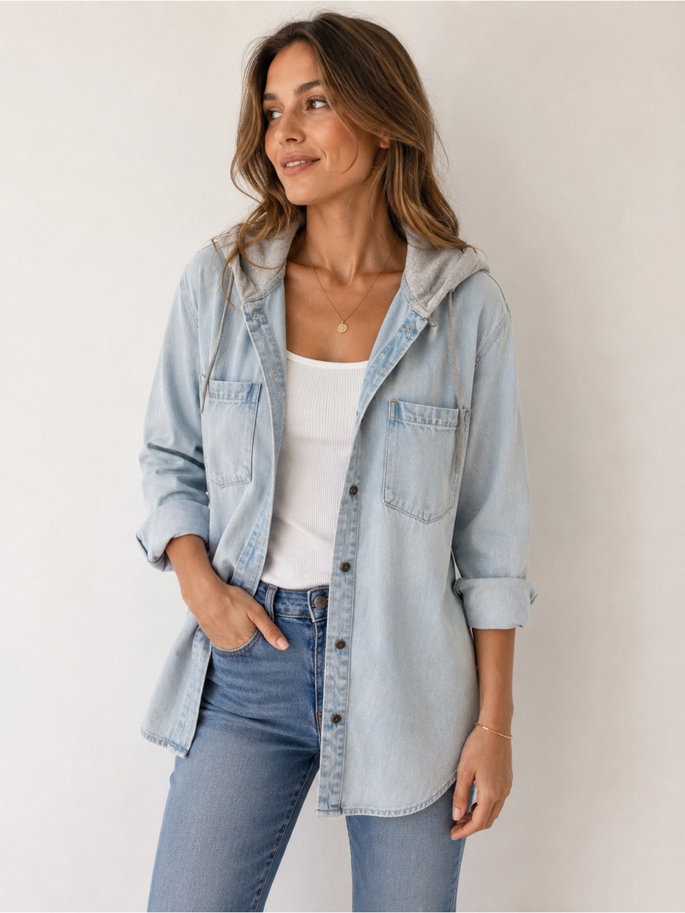 Pacsun Denim Hooded Shacket M Light Wash Y2K Oversized 90s Grunge